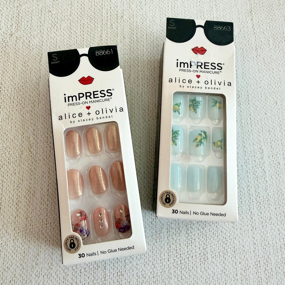 2 KISS imPRESS + Alice & Olivia Press-On Manicure Nails Kits Lemons Floral NIP